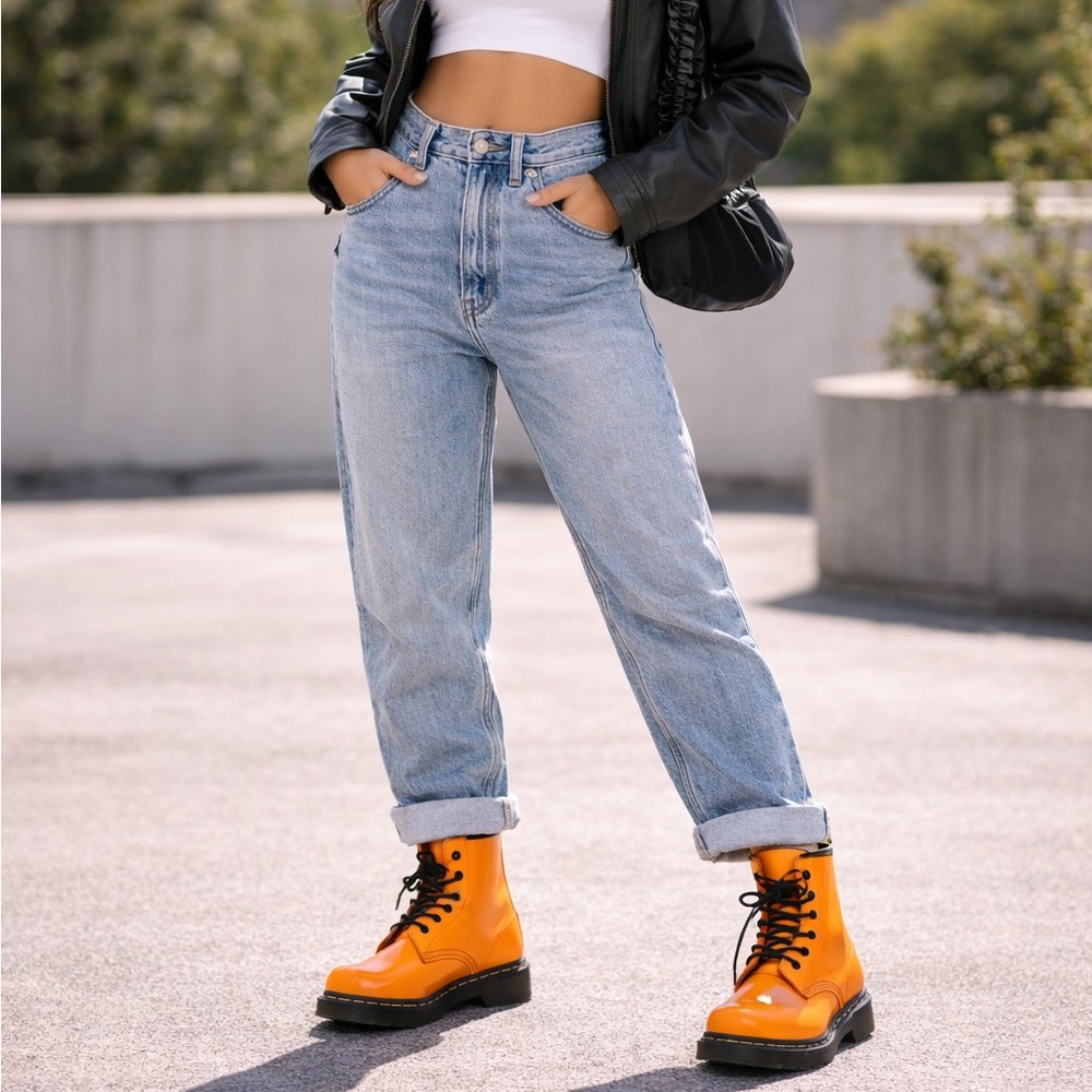 Dr. Martens Orange Patent Leather Combat Boots Lace-Up Y2K Grunge Size 8